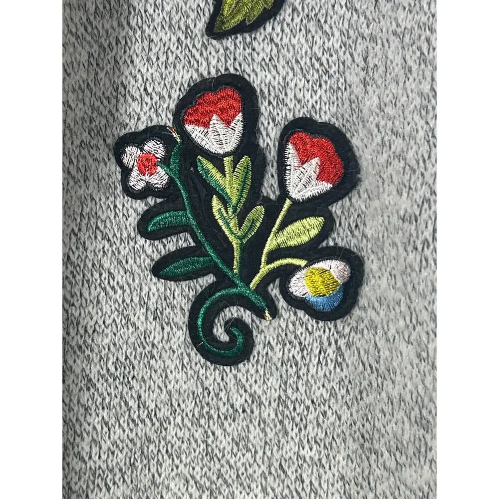 Hail3y:23 Cardigan Sweater Medium PETITE Gray Hooded Applique Embroidered Pocket - Picture 8 of 15